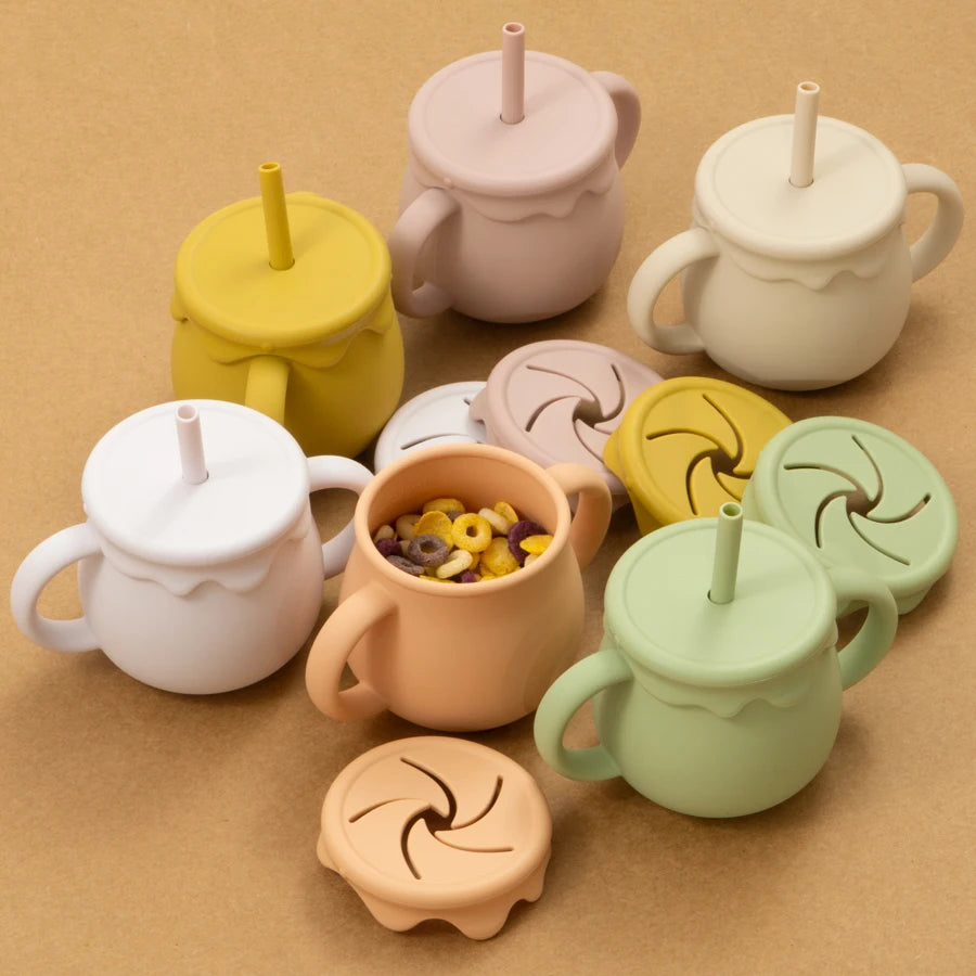 Silicone snack cup and sippy cup with straw