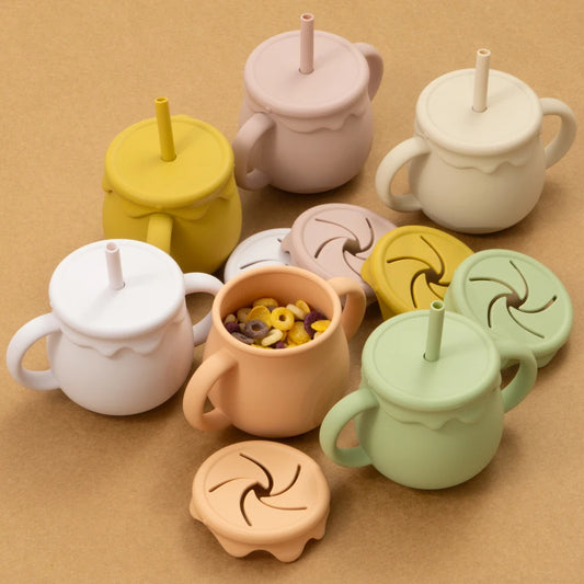 Silicone snack cup and sippy cup with straw