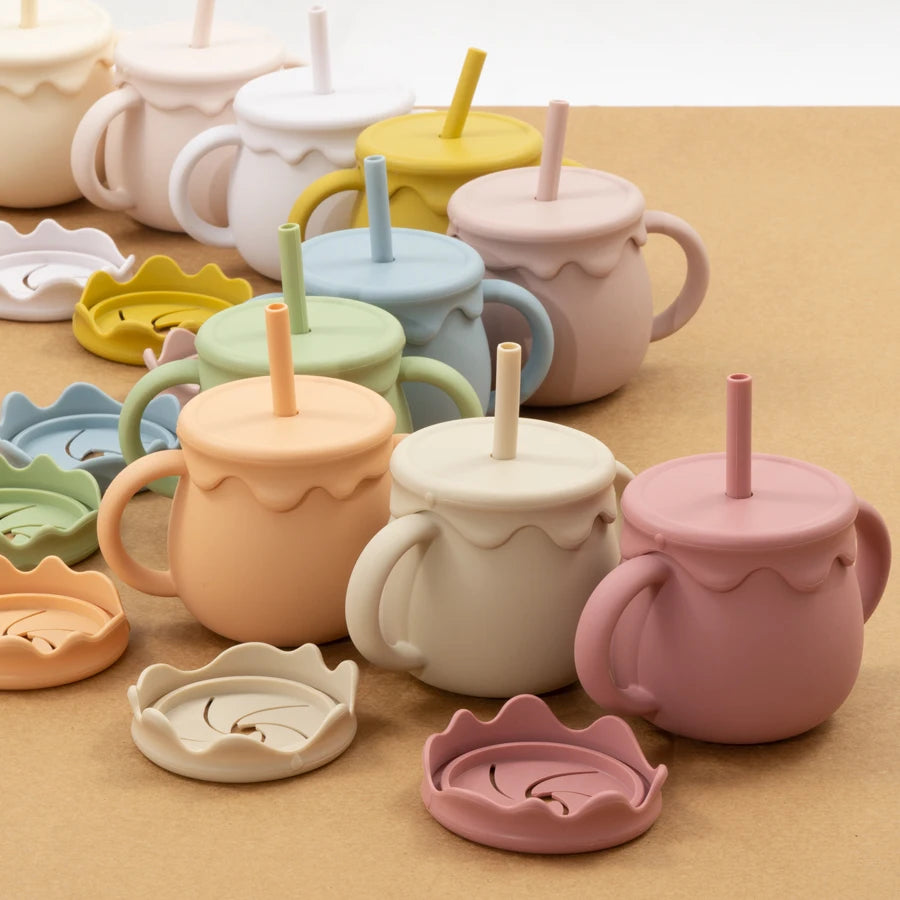 Silicone snack cup and sippy cup with straw